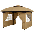 11 x 11 Outdoor Gazebo, Double Roof Patio Gazebo with Curtains, Church Windows, Galvanized Steel Frame, Beige