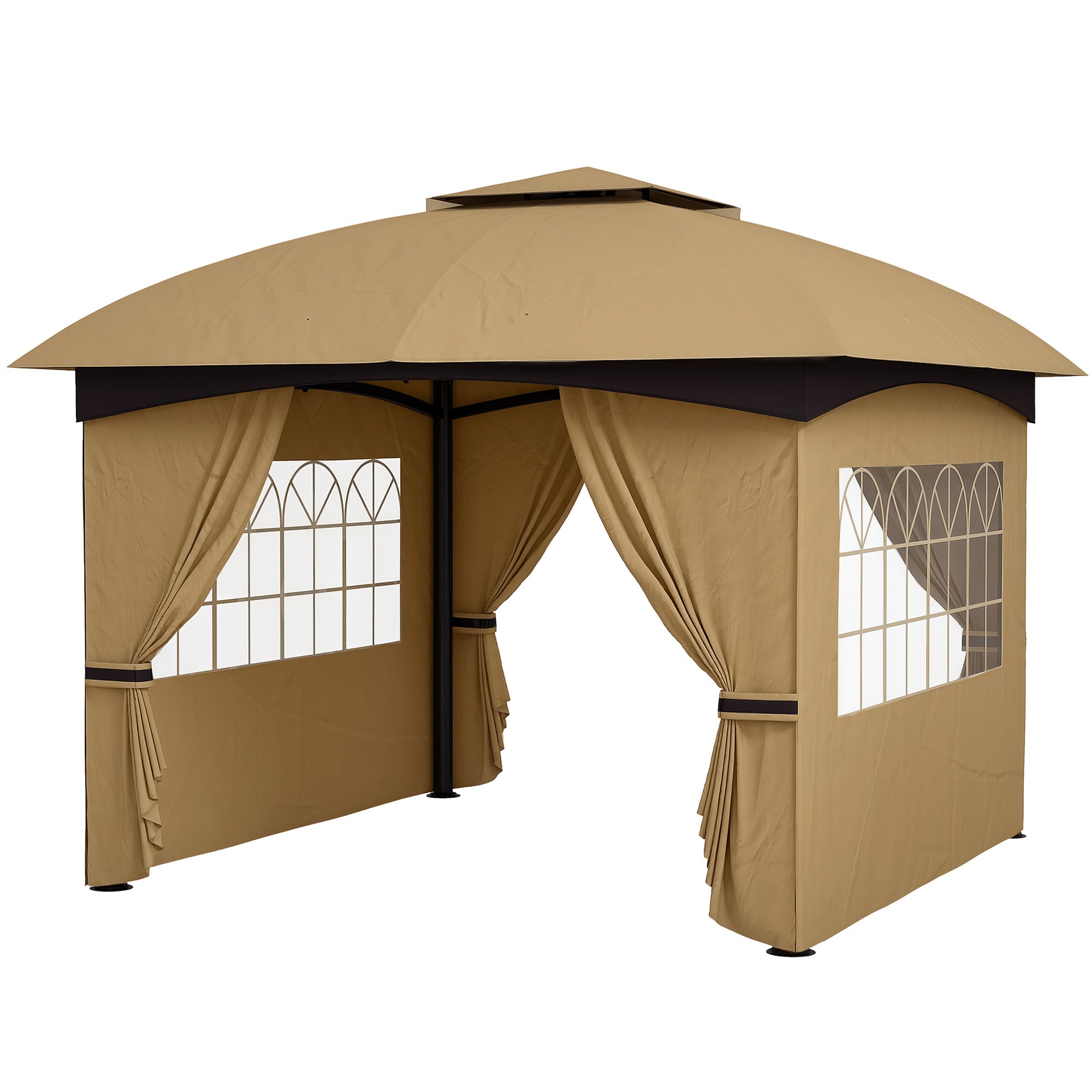 11 x 11 Outdoor Gazebo, Double Roof Patio Gazebo with Curtains, Church Windows, Galvanized Steel Frame, Beige
