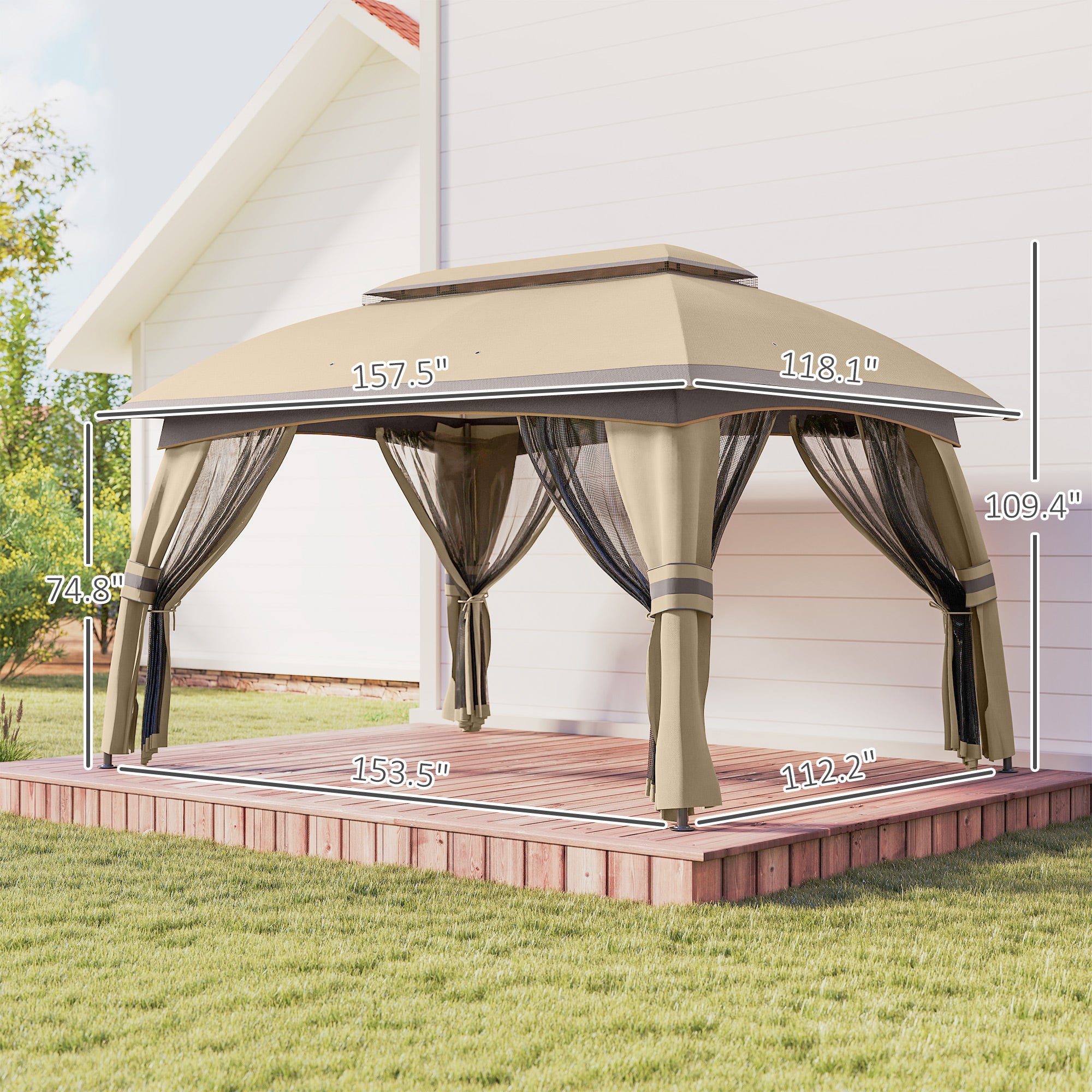 10' X 13' Patio Gazebo, Outdoor Gazebo Canopy Shelter With Netting, Vented Roof For Garden, Beige