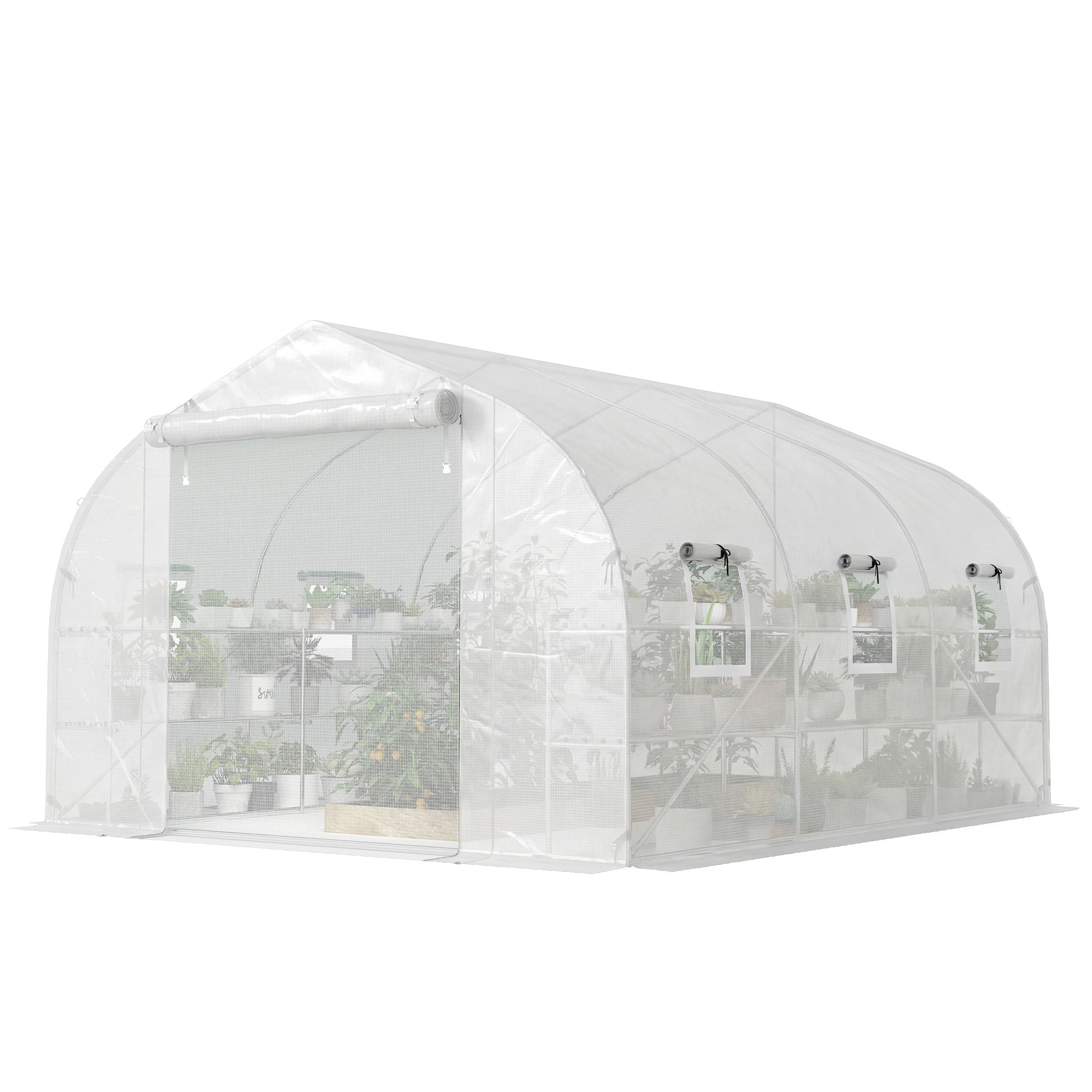 10x11x6 Walk-in Tunnel Greenhouse with Shelves, Mesh Door and Windows, Plant Hot House with PE Cover, White